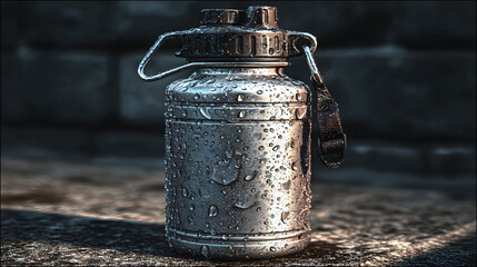 Metallic Water Bottle with Handle and Water Droplets Close Up.