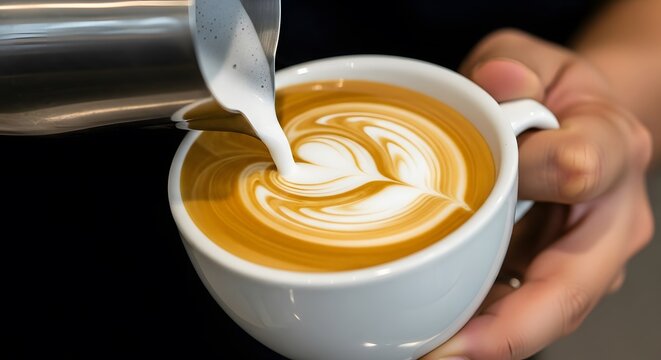 Barista pouring creamy steamed milk into a white ceramic cup to create delicate latte art, heart shape design, rich espresso background.
