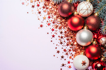 Fototapeta premium Festive christmas ornaments and star confetti border