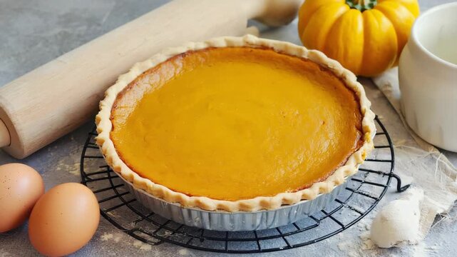 Homemade pumpkin pie on a wooden table. Traditional autumn food. happy thanksgiving day