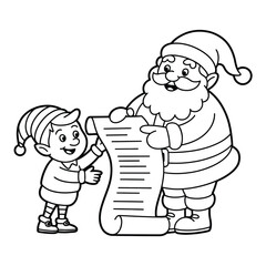 Santa claus and elf checking list together for christmas eve present delivery planning isolated on white background, Vector, illustration