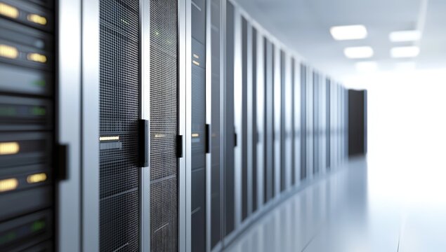 Modern data center hallway with clean reflective flooring and rows of server racks in a bright high tech environment, showcasing hardware systems, idea for IT infrastructure visuals