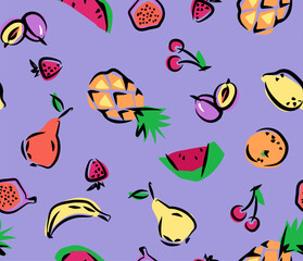 Seamless background with yellow bananas, pineapples and juicy strawberries on a mint green background. Cute background. Illustration of bright summer fruits. Fruit mixture design for fabric