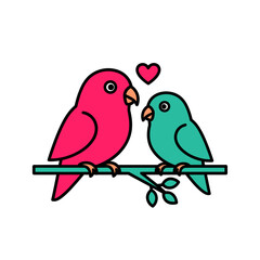 Two cartoon lovebirds sitting on branch with heart, romantic animals and Valentine's Day symbol