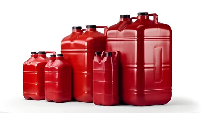 A 3D rendered red plastic jerry cans on a white background. The cans are cylindrical with a glossy finish, and they are arranged in a staggered formation. The color of the cans is a bright.