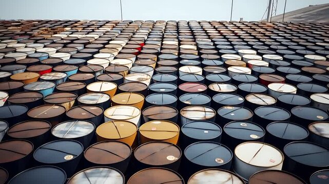 Aerial view of stacked oil barrels in a warehouse, showcasing a vast array of barrels. The barrels are uniformly colored in shades of blue, orange, and brown.