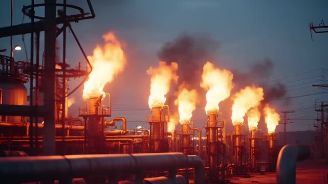 Oil refinery. A nighttime scene of an oil refinery with flames illuminating the sky.