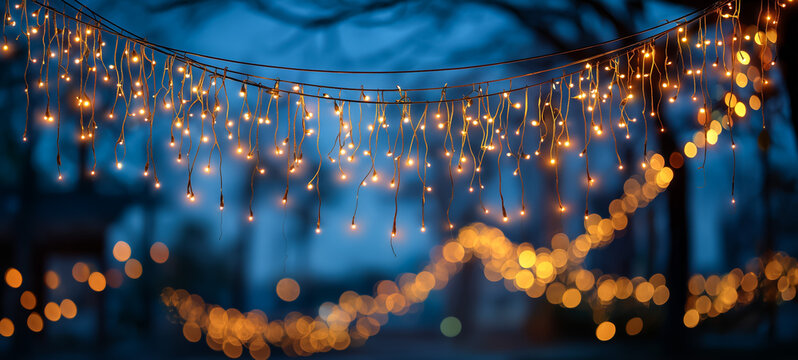 Glowing fairy lights hanging in a dreamy outdoor setting