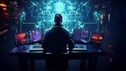 Internet cyber security concept. A cyberpunkthemed digital artwork featuring a person in a hoodie standing in front of a digital screen with a circuit board pattern.