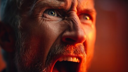 intense close-up of a middle-aged man shouting during a heated argument, eyes wide, mouth open, red glow lighting one side of his face, blurred emotional background
