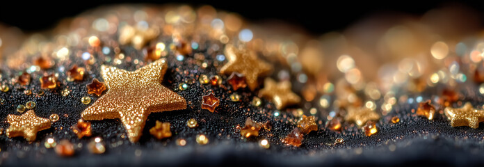 Golden stars and sparkling decorations on a dark surface