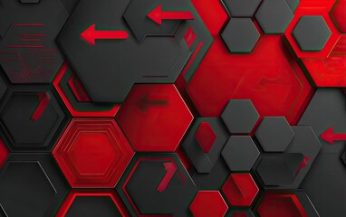 Abstract geometric background with red & black honeycomb shapes and arrows