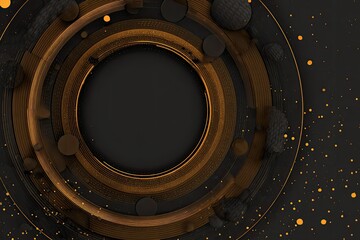 Abstract geometric black and gold rings, circles with scattered golden dots