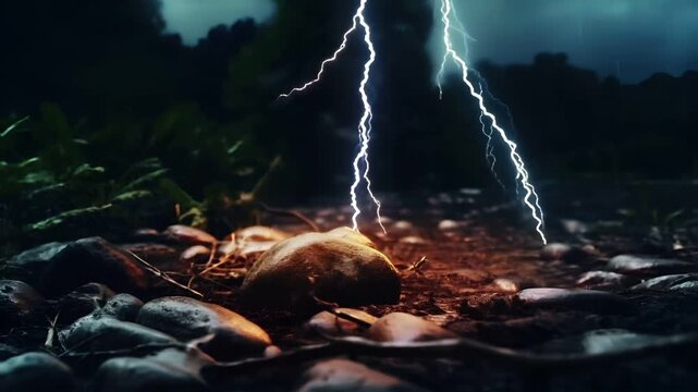 A vivid portrayal of a natural setting during what appears to be either dawn or dusk, with a striking bolt of lightning illuminating the scene. The ground is strewn with rocks and leaves.