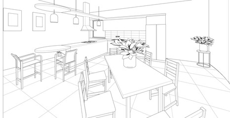 interior kitchen living room 3d illustration	

