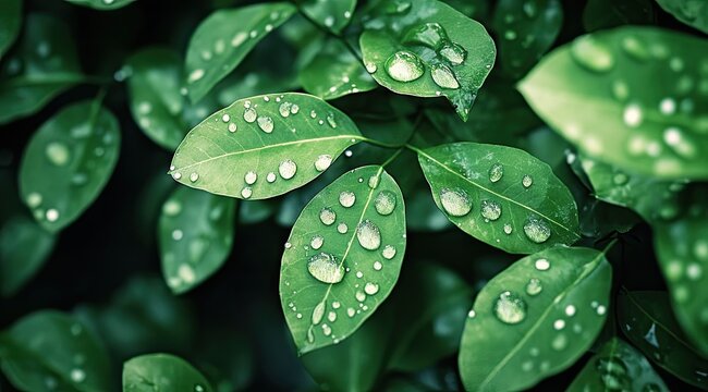 Close-up of fresh green leaves with water droplets