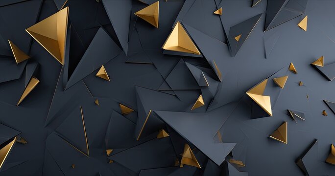 Abstract geometric composition featuring golden triangular pyramids on fractured dark blue surfaces