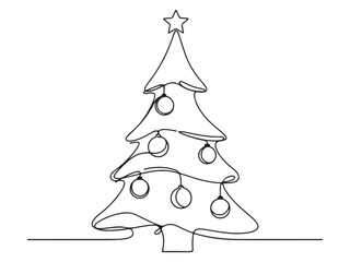 Minimalist Continuous Line Christmas Tree Drawing with Star and Ornaments