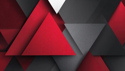 Abstract geometric composition featuring overlapping triangles in red, gray, and black