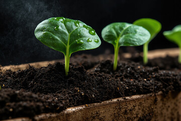 Close-up of fresh green seedlings with water droplets in rich soil under soft light in wooden planter box
