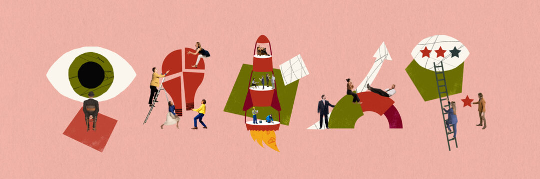 Conceptual artwork of startup development and innovative business growth. Concept of creative planning, team coordination, idea execution, strategy building, modern business storytelling.