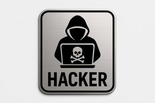 Hacker icon with skull crossbones on a metallic sign