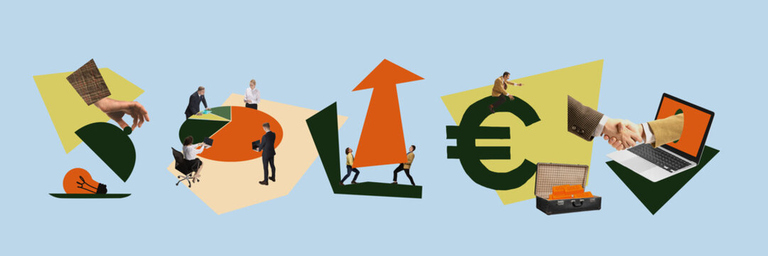 Clean composition of financial strategy and corporate cooperation. Concept of investment planning, budget allocation, partnership visuals, business negotiation, economic workflow elements. - Powered by Adobe