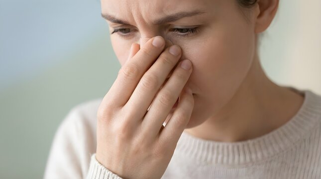 Stressed young woman pinching the bridge of her nose due to headache or sinus pain.