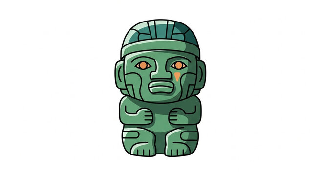 San Agustin Statue Illustration: Ancient Colombian Art, Green Stone Figure with Orange Accents