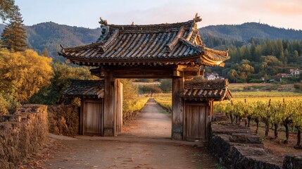 Serenity of a Wooden Japanese Gate Overlooking a Vibrant Vineyard During Golden Hour