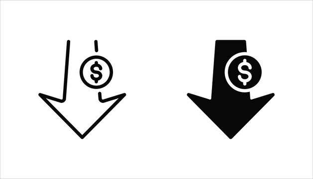 Cost reduction icon set. Price lower arrow. Vector illustration for web design. Isolated on white background.