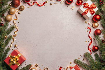 Festive christmas frame with gifts ornaments and pine needles