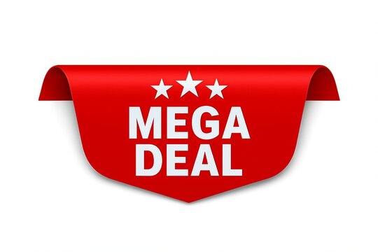 Bright red ribbon banner with three white stars and the text mega deal for sales and promotions