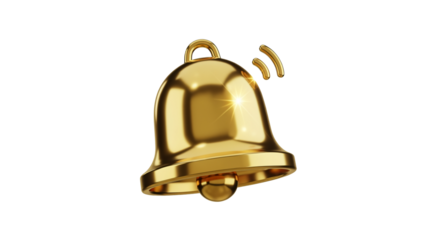 Golden bell ringing for notification or alert isolated on transparent background