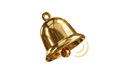 Golden ringing bell with sound waves isolated on transparent background