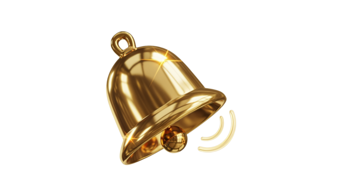 Golden ringing bell with sound waves isolated on transparent background