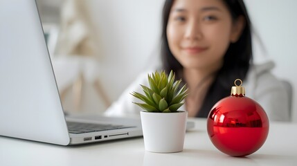 Festive cheer at the desk, a succulent and ornament sparkle, soft light illuminating the scene beautifully.