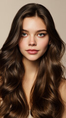 Fototapeta premium Portrait of a brown-haired woman with wavy hair and clear blue eyes.