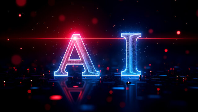 AI Artificial Intelligence Neon Glowing Letters Futuristic Technology Concept Background Red Blue Tech Innovation Image