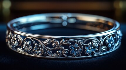 Elegant silver bracelet with intricate floral design displayed on velvet.