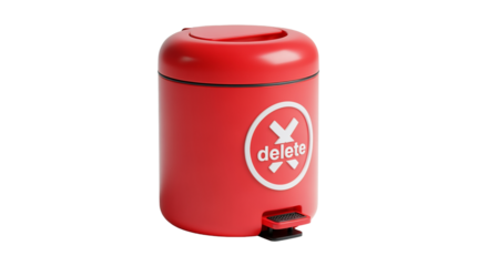 Red mini trash can with delete icon, isolated on transparent background