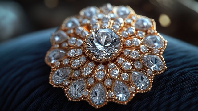 Elegant diamond and gold brooch on a dark velvet background.