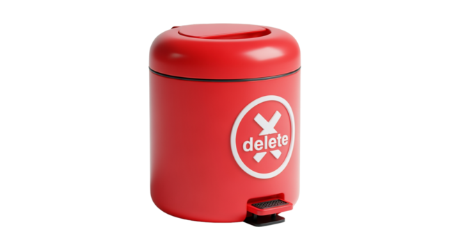 Red mini trash can with delete icon, isolated on transparent background