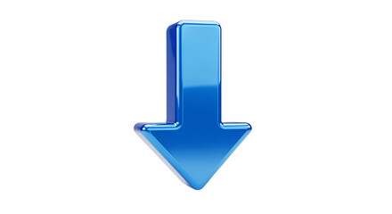 Blue glossy 3d arrow pointing down, isolated on transparent background
