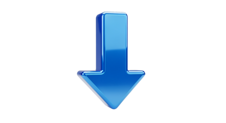 Blue glossy 3d arrow pointing down, isolated on transparent background