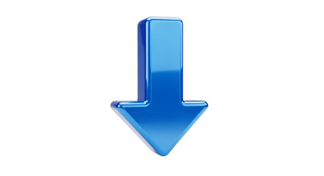 Blue glossy 3d arrow pointing down, isolated on transparent background