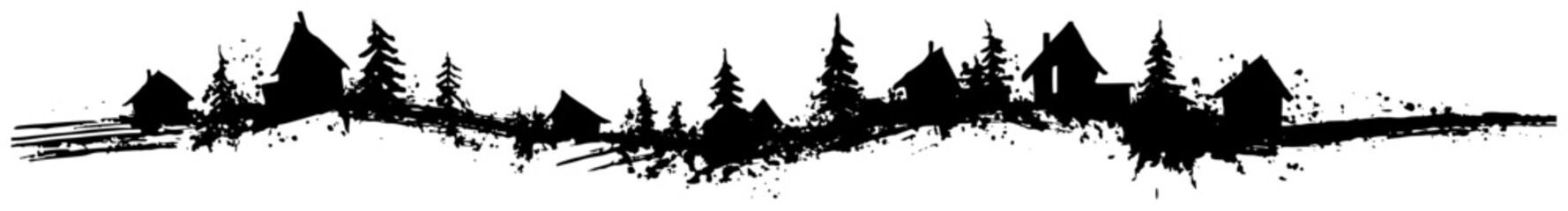 Fototapeta premium Black and white grunge vector illustration of a winter village landscape border with small houses and pine trees in the distance