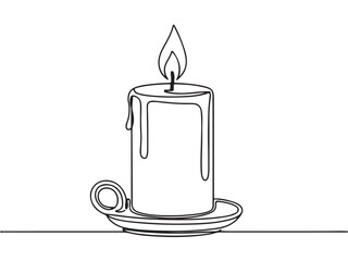 Minimalist Continuous Line Art Drawing of a Lit Candle with Holder