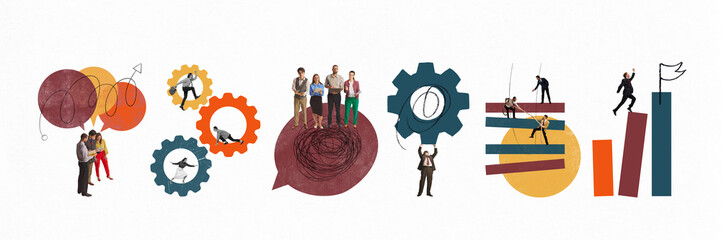 Naklejka premium Minimal collage of digital transformation and workplace communication. Concept of remote workflows, hybrid office tools, business reporting,, productivity software, and corporate messaging.