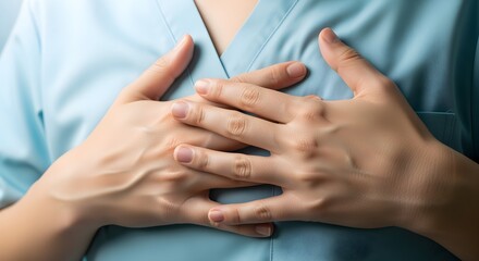 Fototapeta premium Unrecognizable person in medical scrubs clutching their chest in pain.